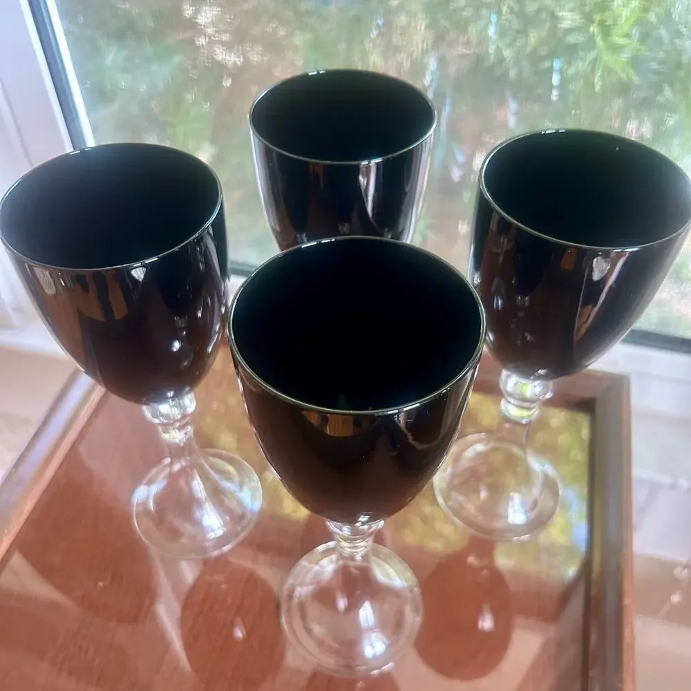 Set of 4 Pier 1 Imports Vintage Dante Black Wine Glasses Water Goblets